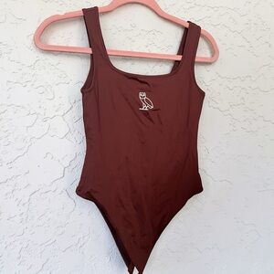 OVO Owl Logo Bodysuit Burgundy Scoop Neck One Piece Streetwear Minimal S